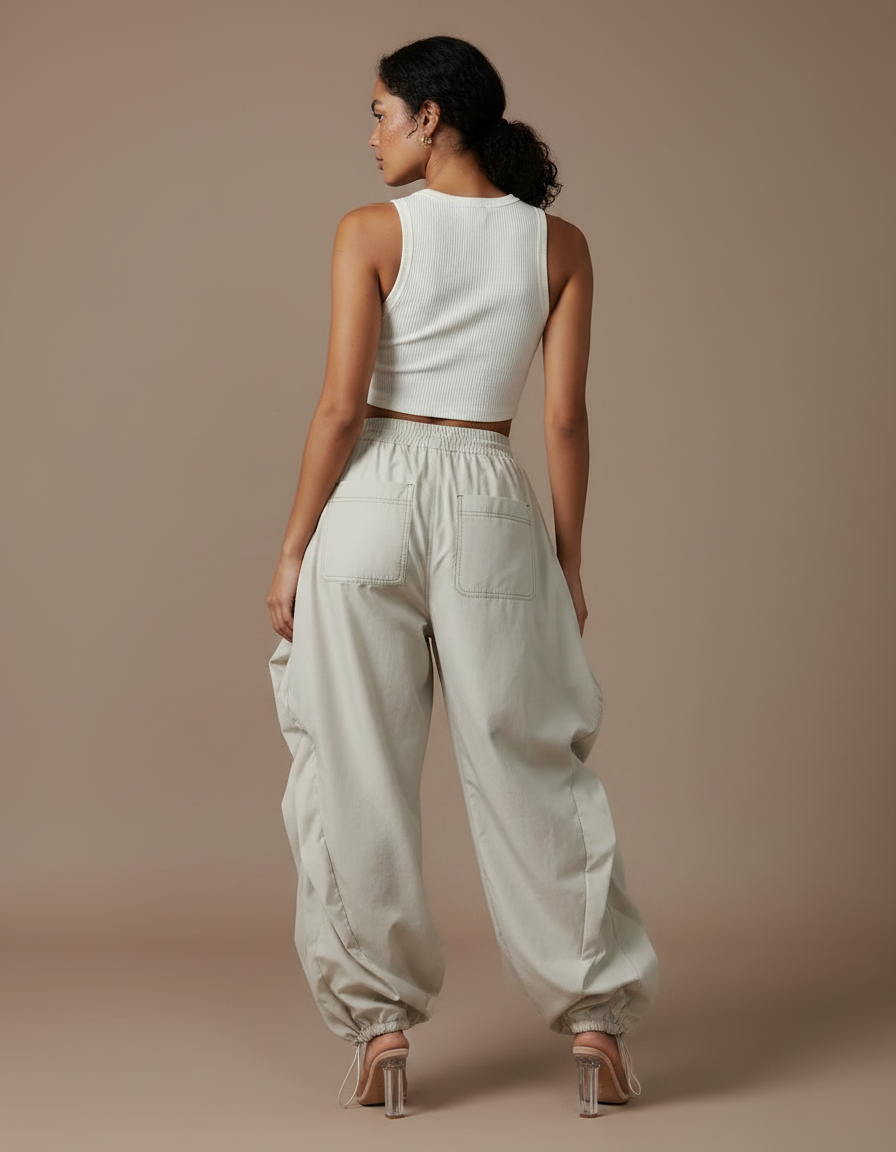 Pantalon Parachute Beige Plissé Ample Femme - Polyester - vue 2