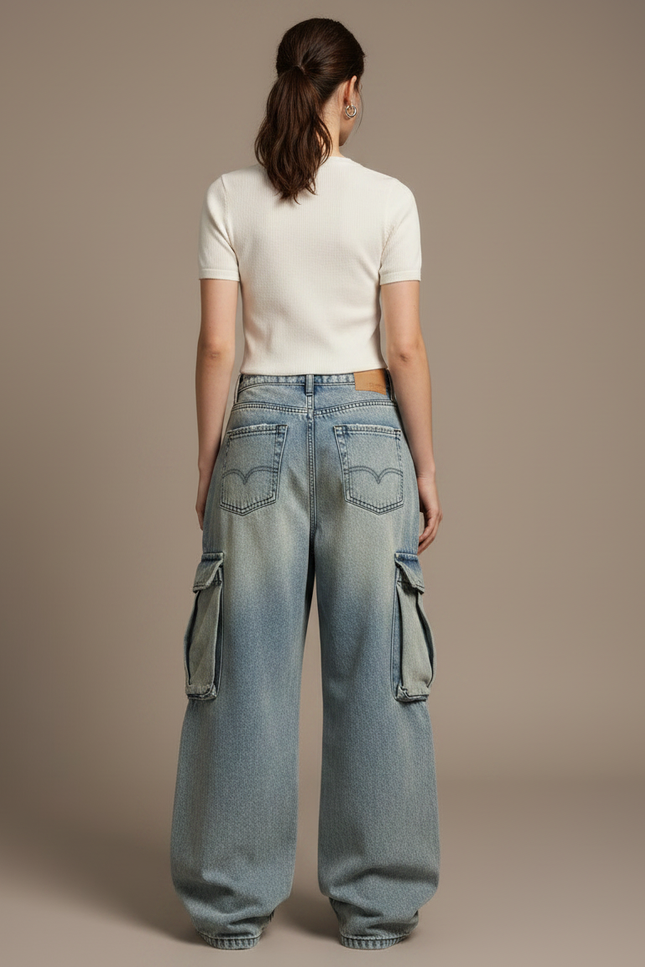Pantalon Parachute Jean Ample Délavé Multipoches Femme - Bleu - vue 2