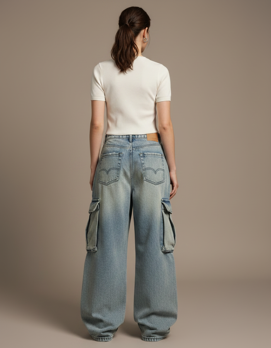 Pantalon Parachute Jean Ample Délavé Multipoches Femme - Bleu - vue 2
