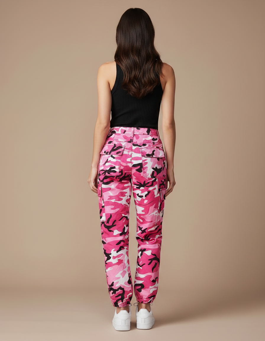 Pantalon Parachute Rose Camouflage Cargo Ample Femme Streetwear - Toile - vue 2