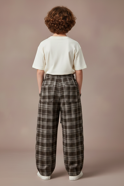 Pantalon Parachute Plaid Marron Ample Cordon Décontracté - Tweed - vue 2