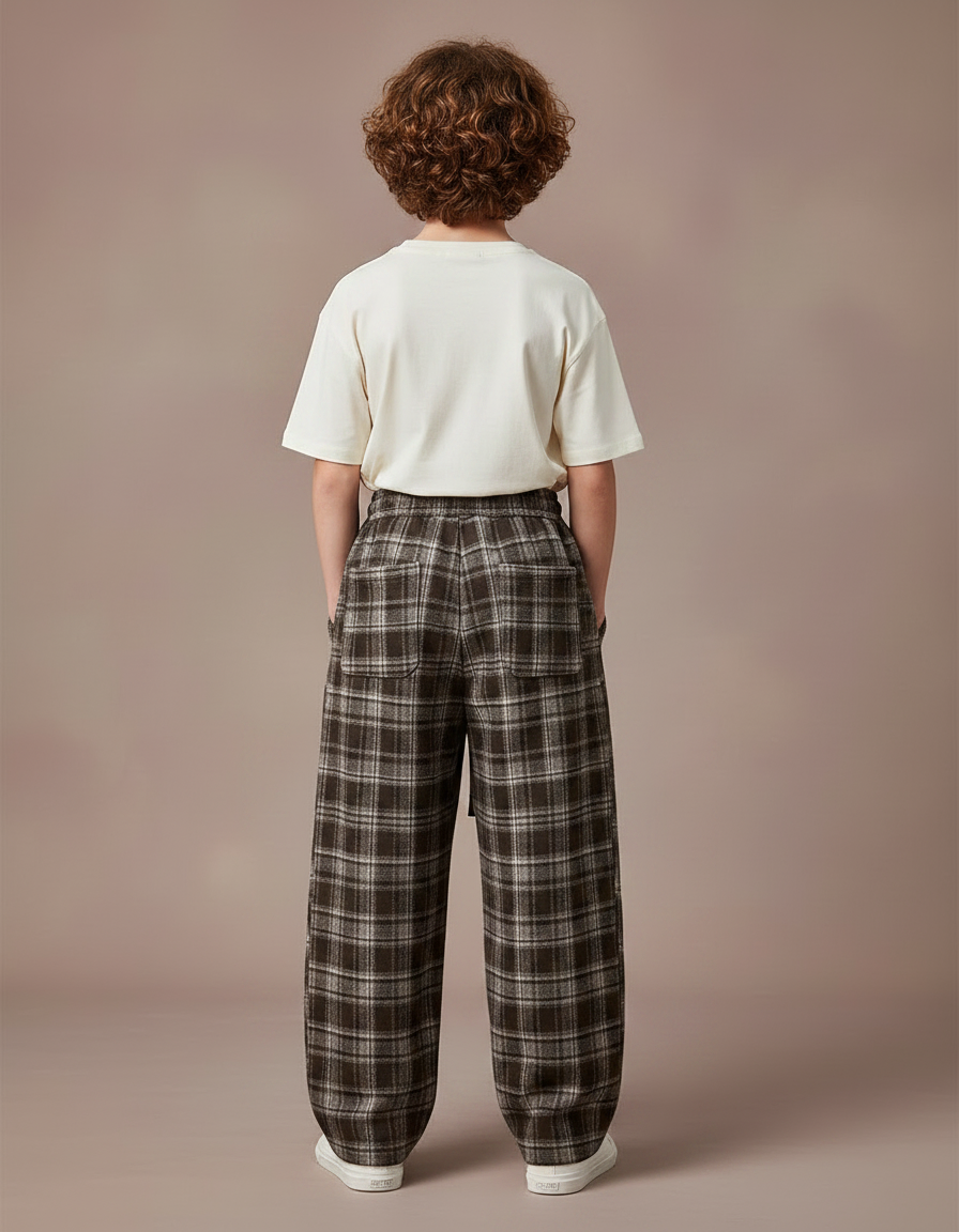 Pantalon Parachute Plaid Marron Ample Cordon Décontracté - Tweed - vue 2
