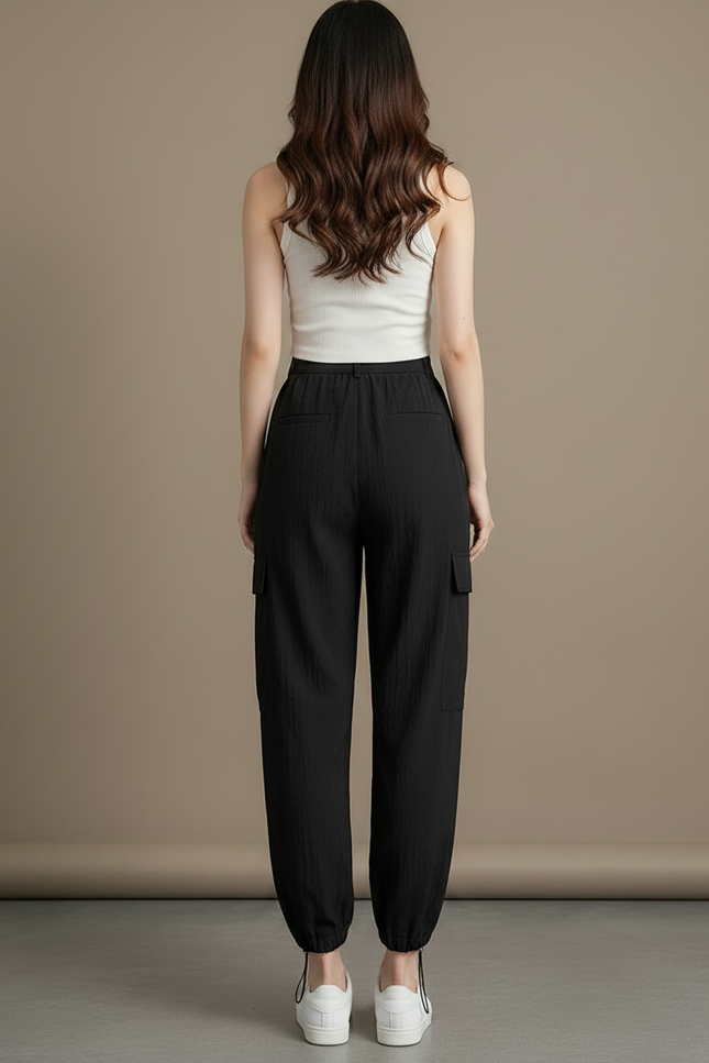 Pantalon Parachute Noir Ample Fluide Cargo Femme - Viscose - vue 2