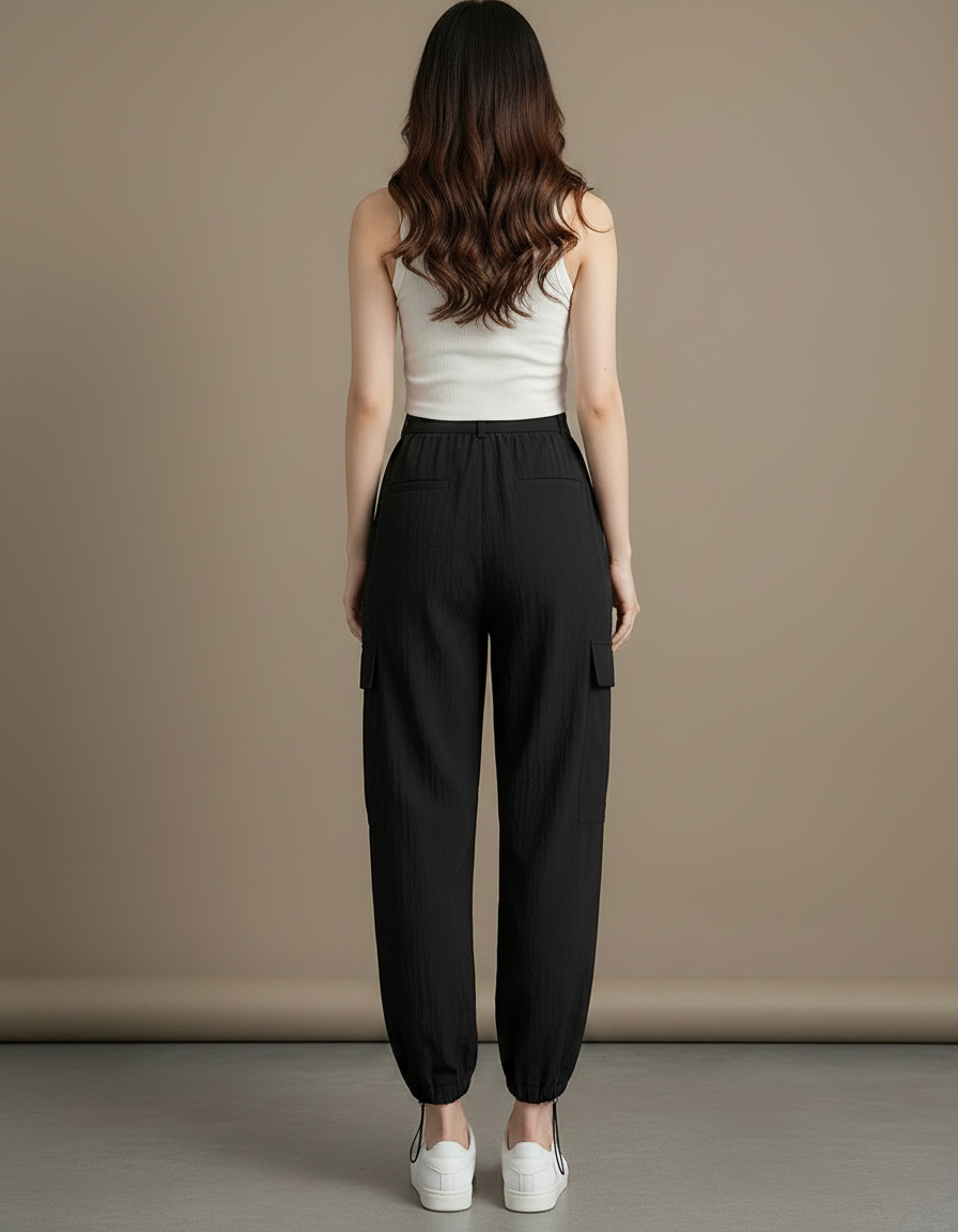 Pantalon Parachute Noir Ample Fluide Cargo Femme - Viscose - vue 2