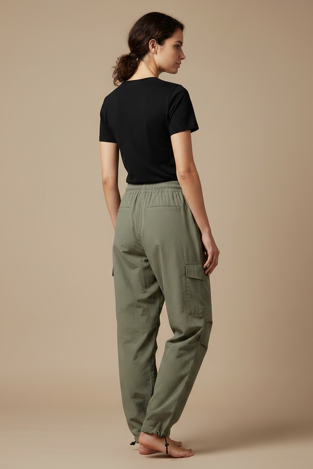 Pantalon Parachute Kaki Cargo Ample Cordon Fluide Femme - Polyester - vue 2