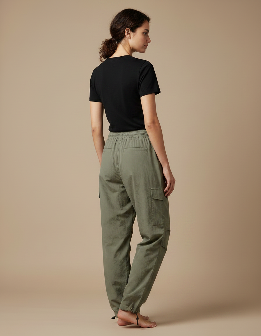 Pantalon Parachute Kaki Cargo Ample Cordon Fluide Femme - Polyester - vue 2