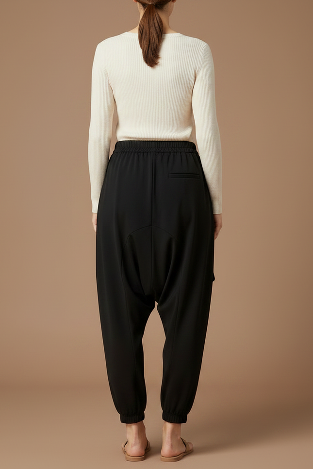 Pantalon Parachute Noir Fluide Ample Décontracté Oeillets - Polyester - vue 2