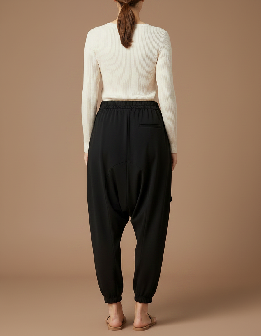 Pantalon Parachute Noir Fluide Ample Décontracté Oeillets - Polyester - vue 2