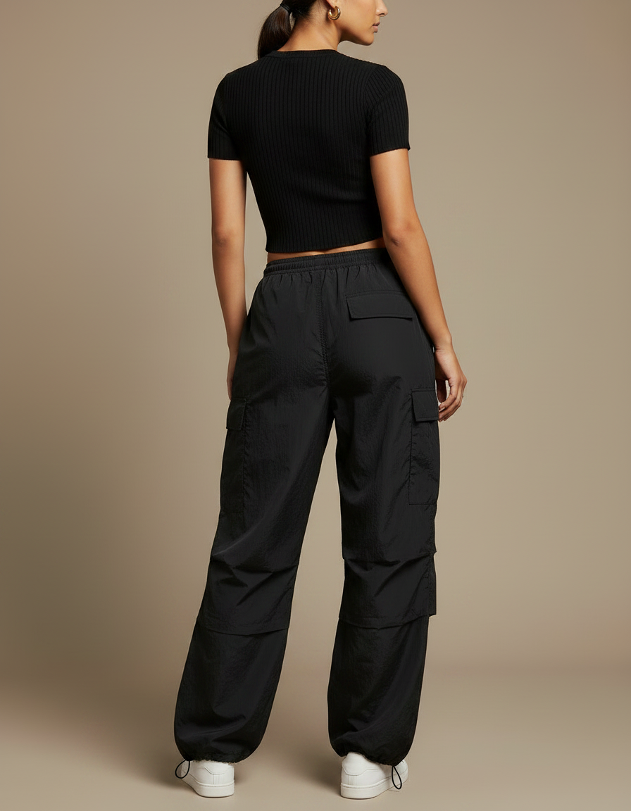 Pantalon Parachute Noir Cargo Ample Sport Femme - Polyester - vue 2