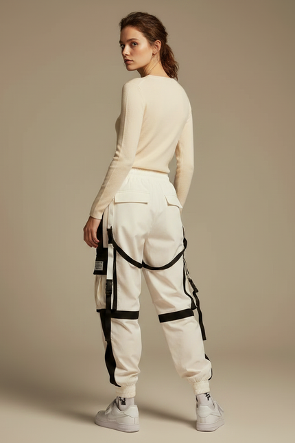 Pantalon Parachute Femme Cargo Bicolore Techwear Ample - Blanc Polyester - vue 2