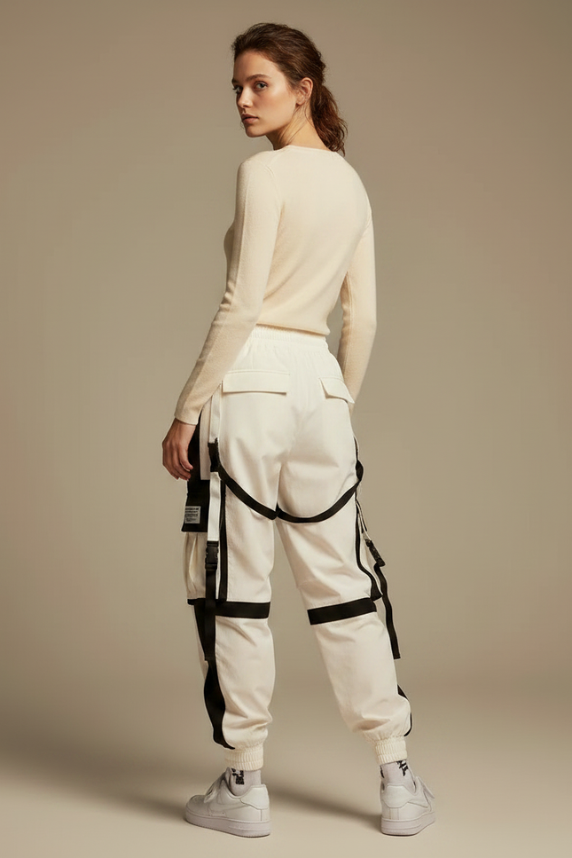 Pantalon Parachute Femme Cargo Bicolore Techwear Ample - Blanc Polyester - vue 2