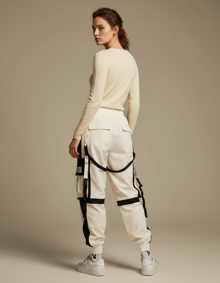 Pantalon Parachute Femme Cargo Bicolore Techwear Ample - Blanc Polyester - vue 2