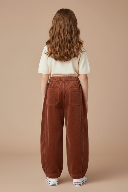 Pantalon Parachute Côtelé Marron Ample Décontracté Enfant - Cordé - vue 2