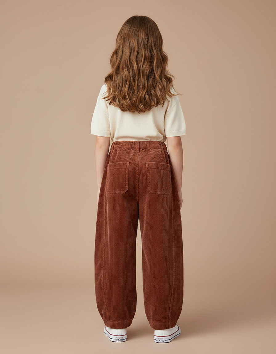 Pantalon Parachute Côtelé Marron Ample Décontracté Enfant - Cordé - vue 2