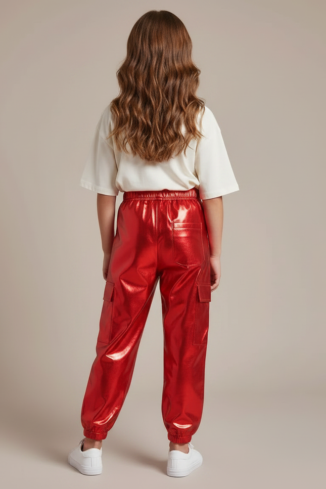 Pantalon Parachute Rouge Métallisé Cargo Brillant Fille - Polyester - vue 2