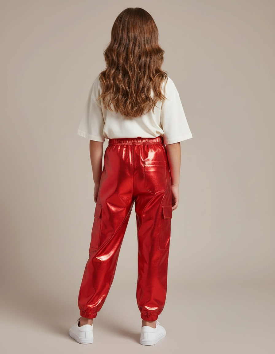 Pantalon Parachute Rouge Métallisé Cargo Brillant Fille - Polyester - vue 2