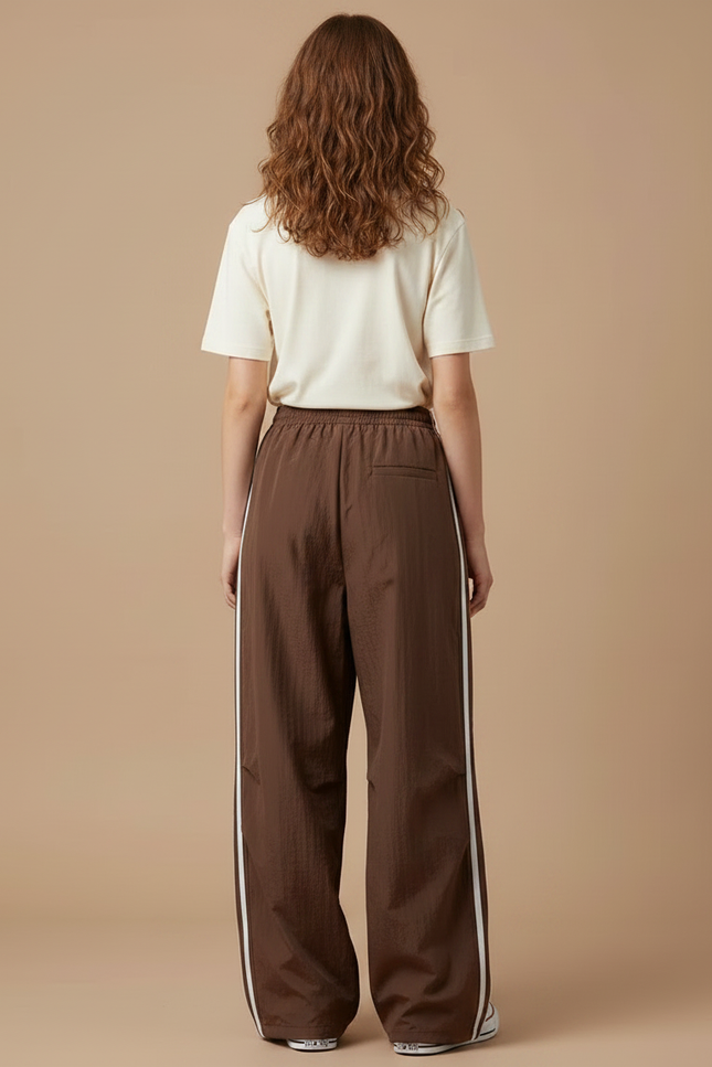 Pantalon Parachute Marron Ample Rayures Blanches Fluide - Polyester - vue 2