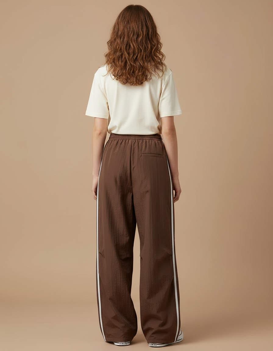 Pantalon Parachute Marron Ample Rayures Blanches Fluide - Polyester - vue 2