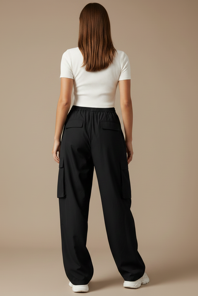 Pantalon Parachute Noir Cargo Ample Femme Poches - Polyester - vue 2