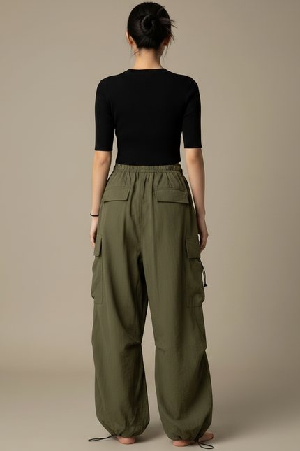 Pantalon Parachute Kaki Cargo Ample Fluide Femme - Polyester - vue 2