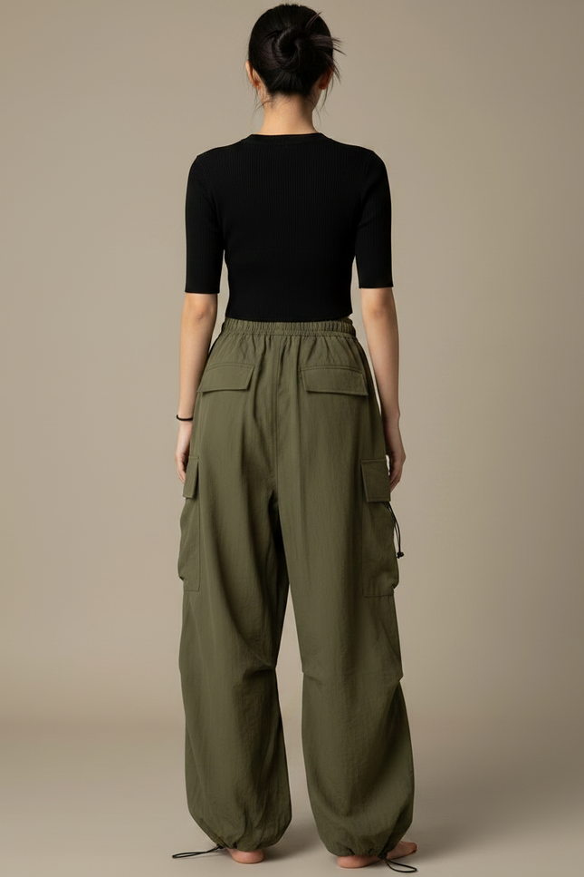 Pantalon Parachute Kaki Cargo Ample Fluide Femme - Polyester - vue 2