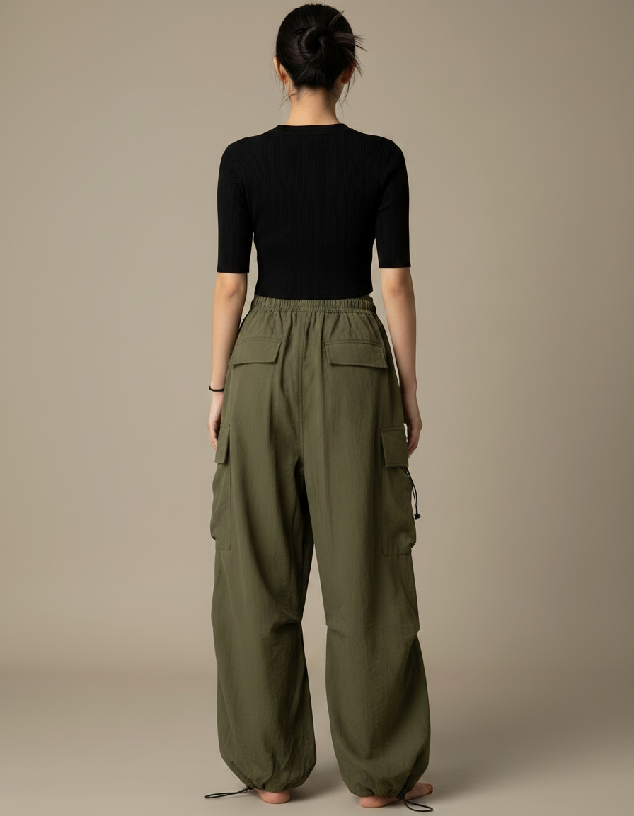 Pantalon Parachute Kaki Cargo Ample Fluide Femme - Polyester - vue 2