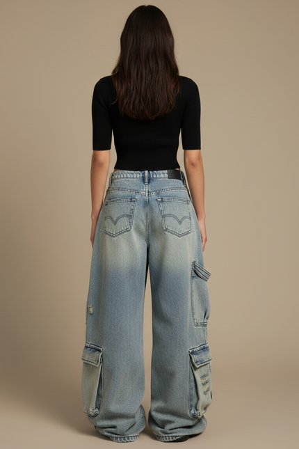 Pantalon Parachute Jean Délavé Ample Multipoches Femme - Bleu - vue 2