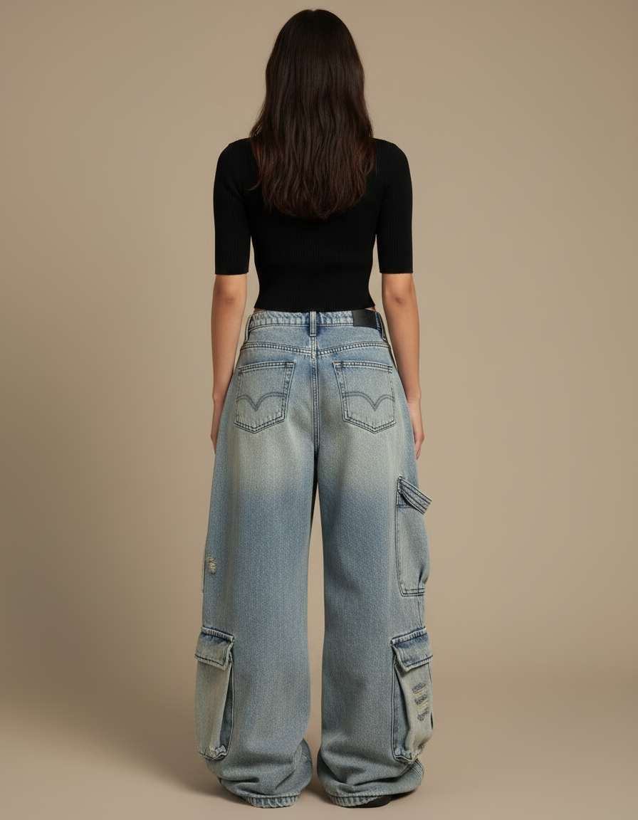 Pantalon Parachute Jean Délavé Ample Multipoches Femme - Bleu - vue 2