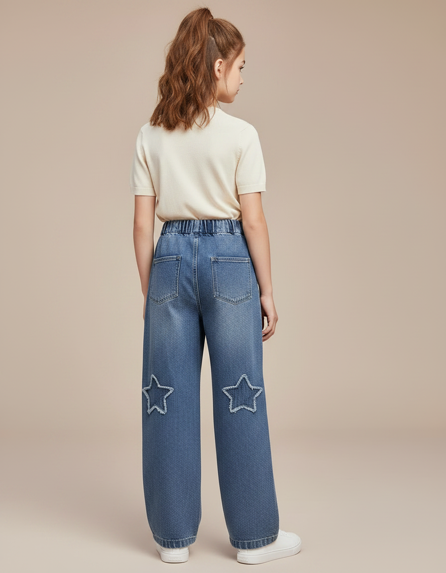 Pantalon Parachute Denim Étoiles Ample Fille Jeans - Bleu - vue 2