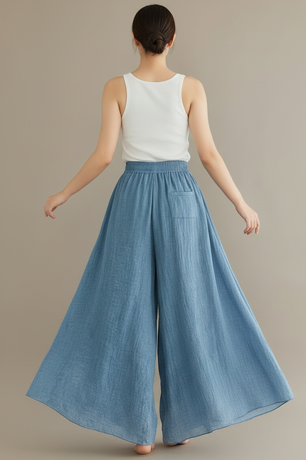 Pantalon Parachute Bleu Ciel Lin Ample Fluide Femme - vue 2
