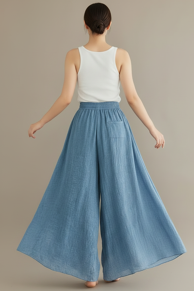 Pantalon Parachute Bleu Ciel Lin Ample Fluide Femme - vue 2