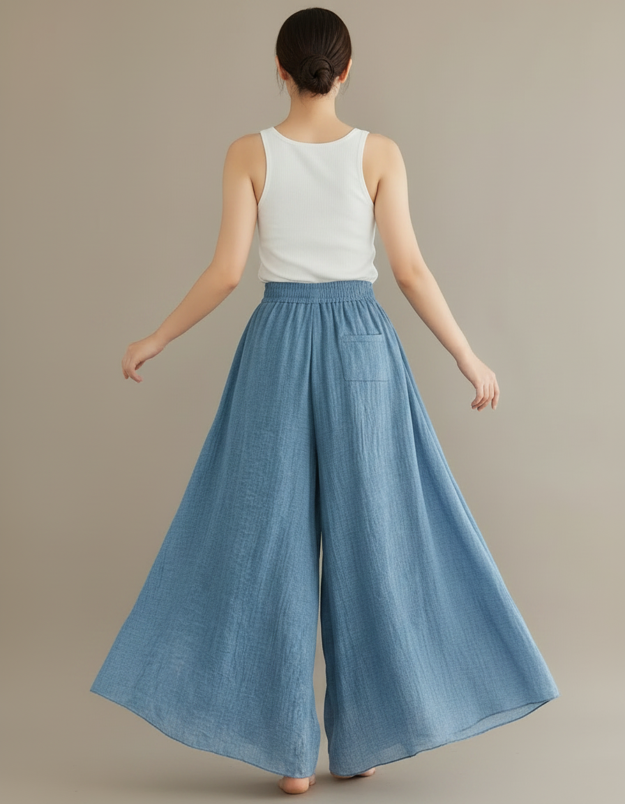 Pantalon Parachute Bleu Ciel Lin Ample Fluide Femme - vue 2