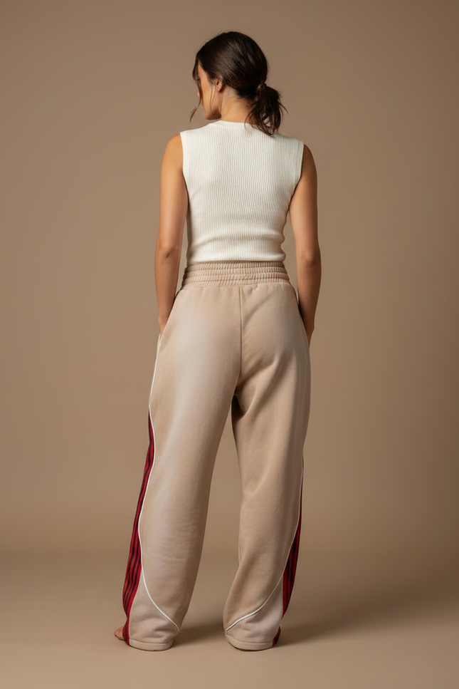 Pantalon Parachute Beige Ample Rayures Rouges Décontracté - Molleton - vue 2
