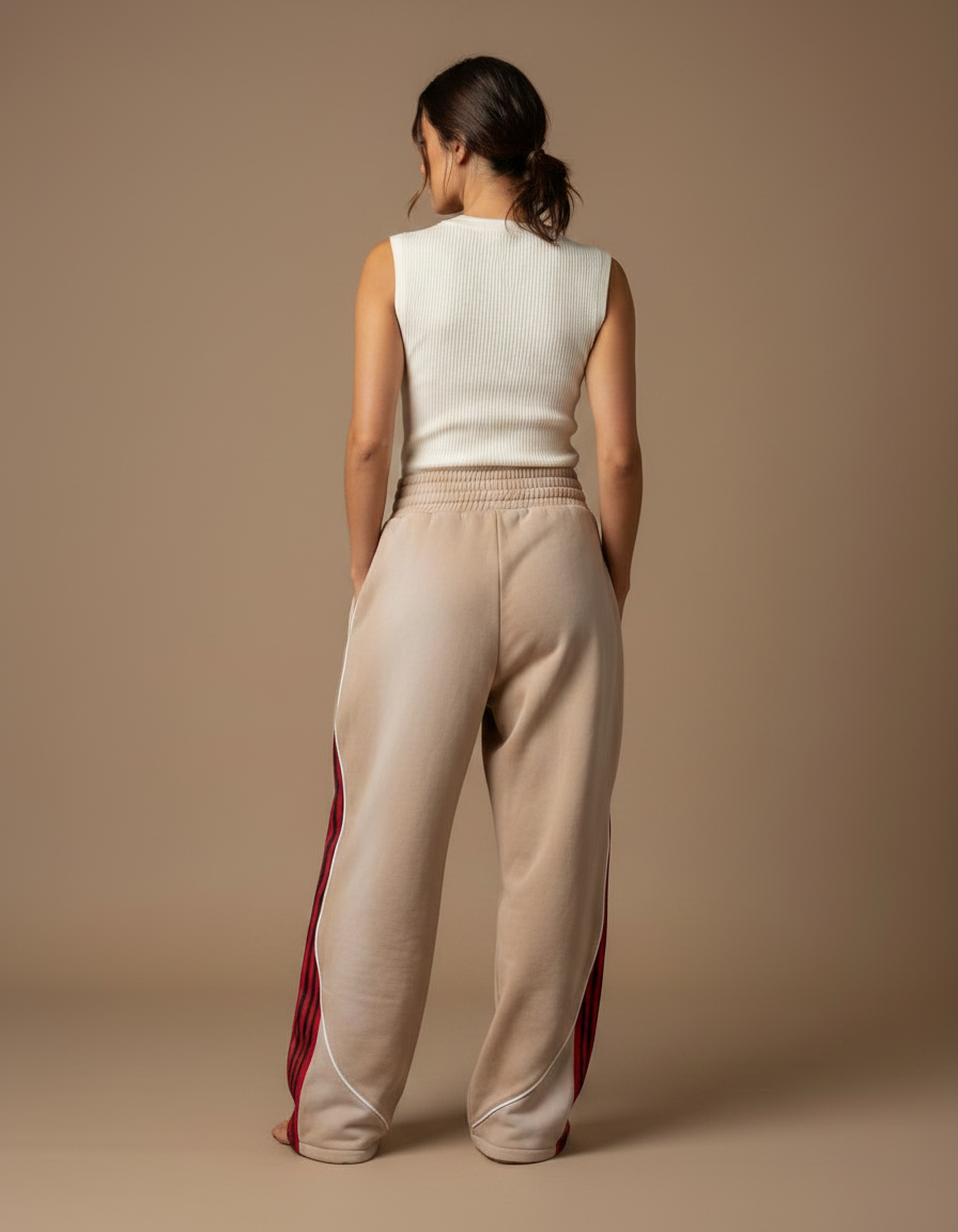 Pantalon Parachute Beige Ample Rayures Rouges Décontracté - Molleton - vue 2
