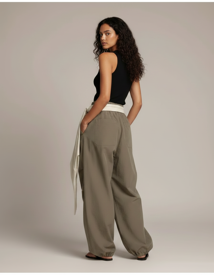 Pantalon Parachute Kaki Fluide Ample Décontracté Femme - Polyester - vue 2
