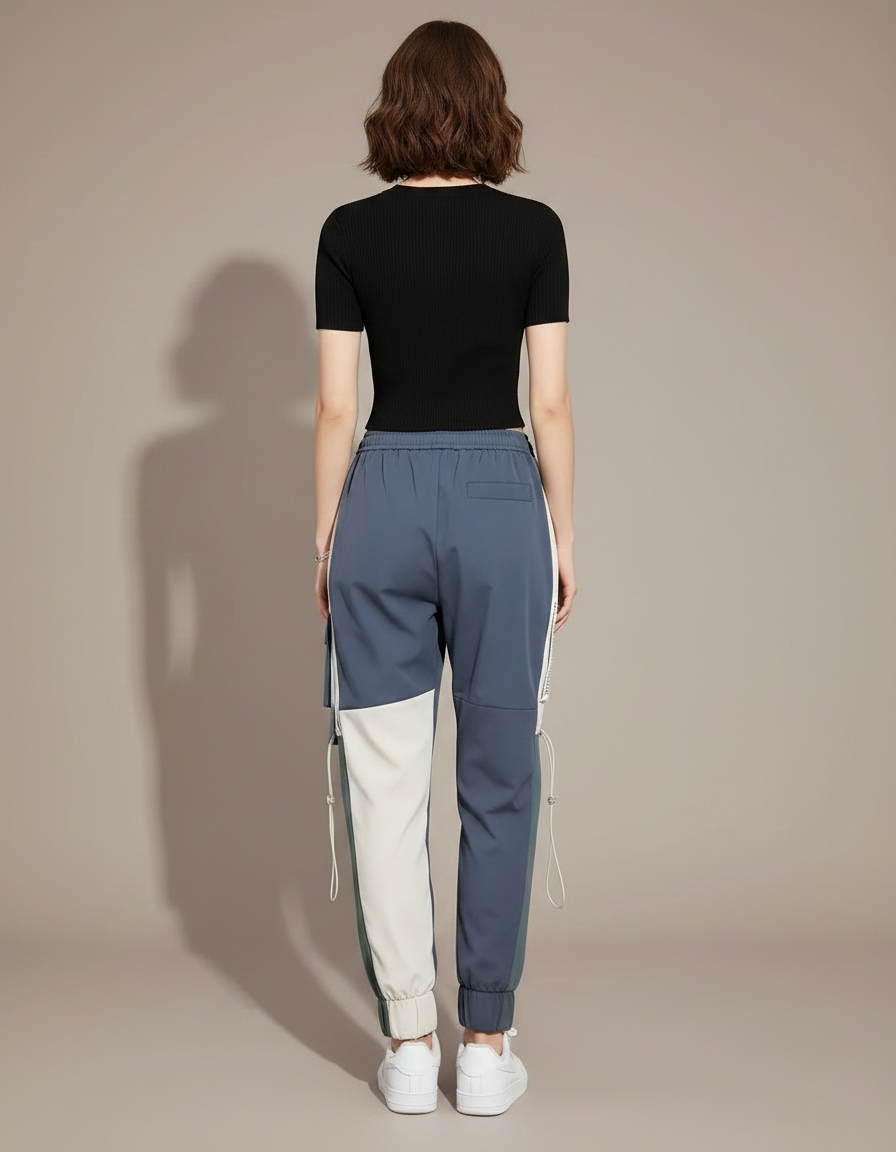 Pantalon Parachute Bicolore Cargo Streetwear Femme Joggers - Multicolore Polyester - vue 2