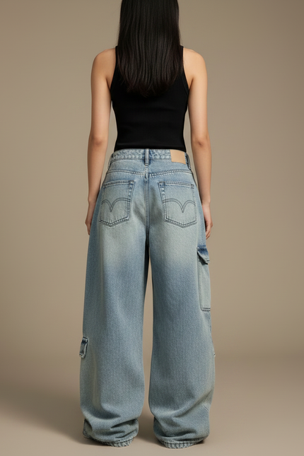 Pantalon Parachute Jean Ample Délavé Multipoches Cargo - Bleu - vue 2