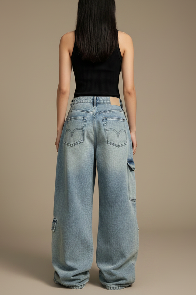 Pantalon Parachute Jean Ample Délavé Multipoches Cargo - Bleu - vue 2