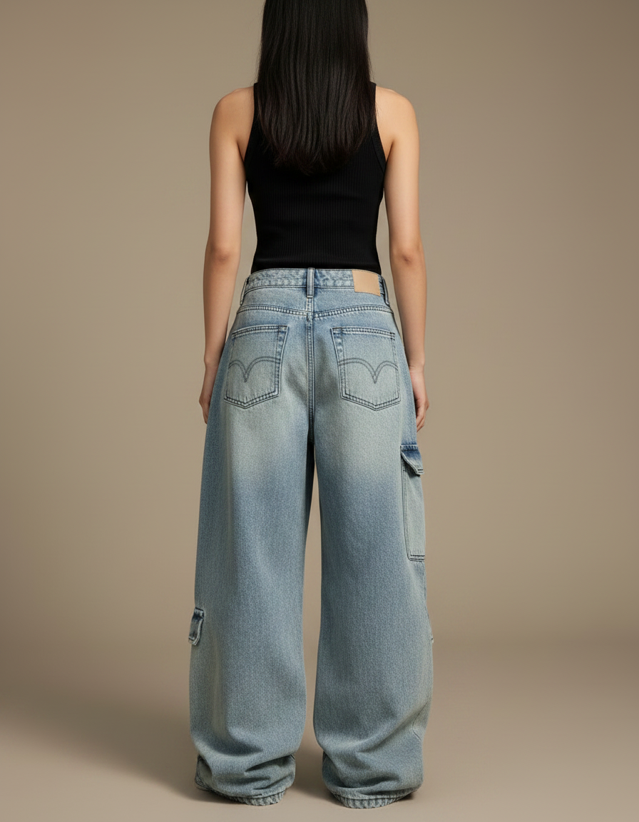 Pantalon Parachute Jean Ample Délavé Multipoches Cargo - Bleu - vue 2