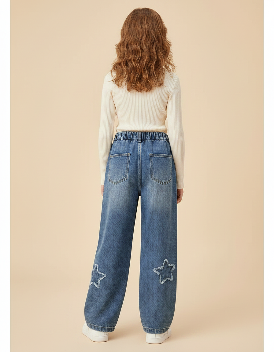 Pantalon Parachute Denim Étoiles Ample Fille Bleu - Jean - vue 2