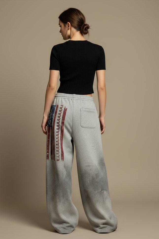 Pantalon Parachute Gris Ample Drapeau Américain Coton - vue 2