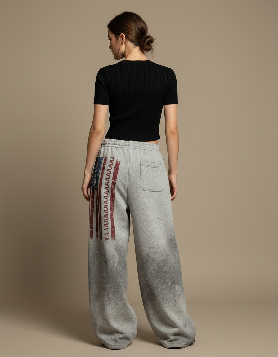 Pantalon Parachute Gris Ample Drapeau Américain Coton - vue 2