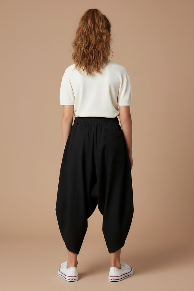 Pantalon Parachute Noir Ample Coton Harem Décontracté - vue 2