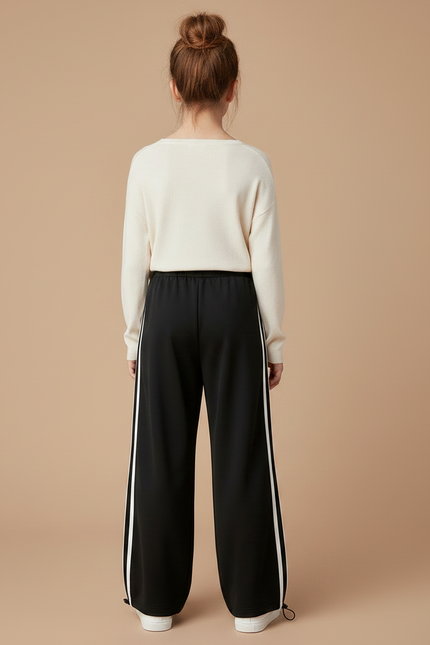Pantalon Parachute Noir Ample Fille Bandes Blanches - Polyester - vue 2