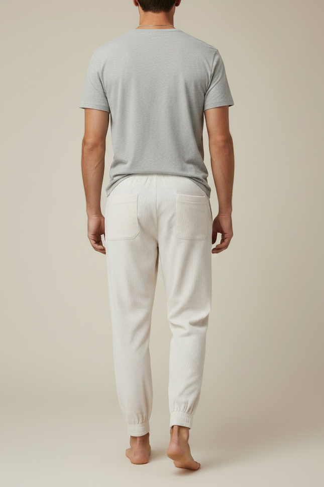 Pantalon Parachute Côtelé Ample Écru Décontracté Homme - Beige Cordé - vue 2