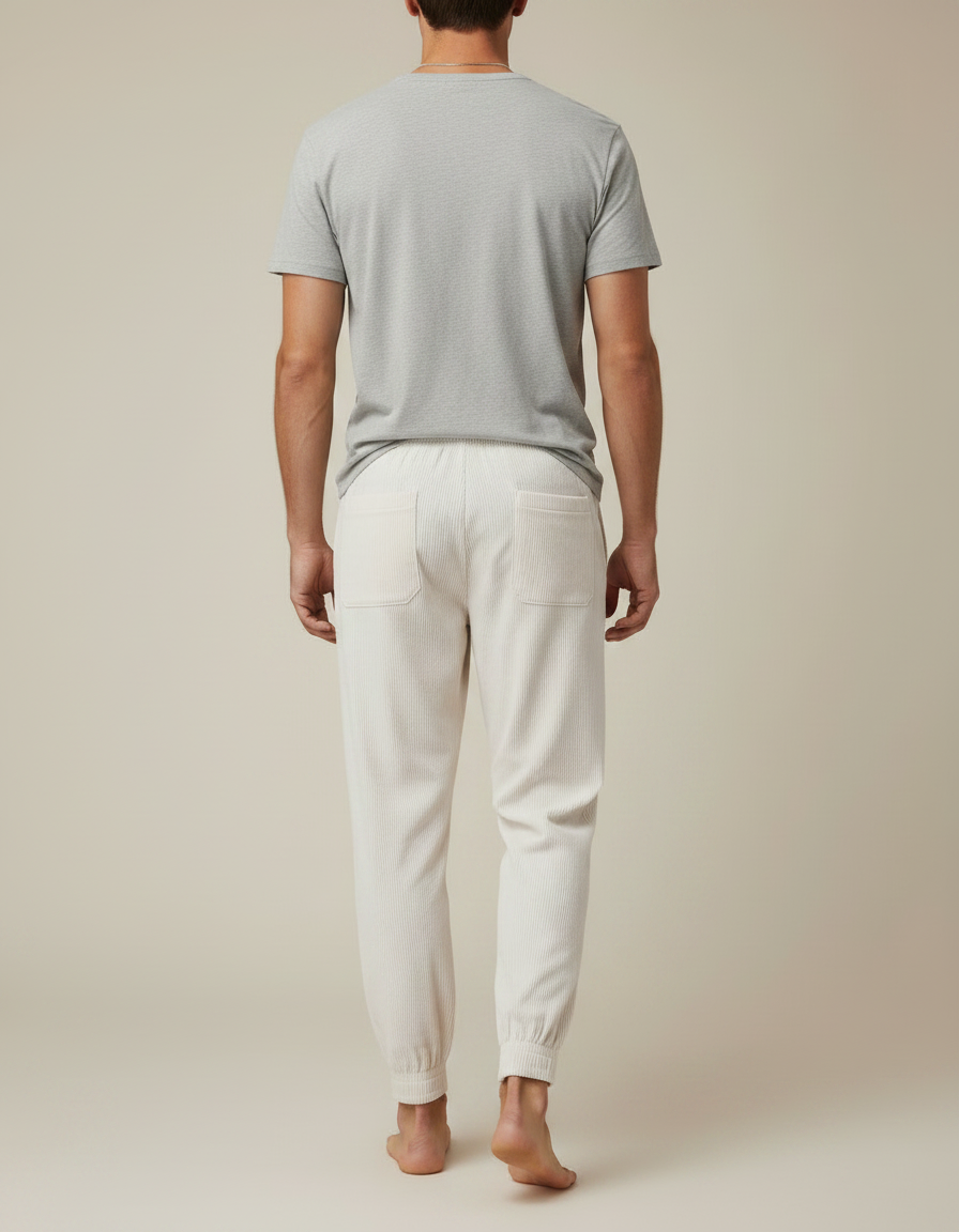Pantalon Parachute Côtelé Ample Écru Décontracté Homme - Beige Cordé - vue 2