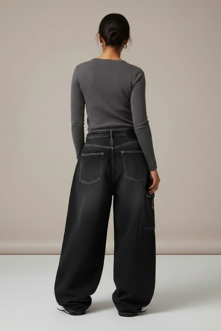 Pantalon Parachute Noir Délavé Ample Cargo Imprimé Femme - Jean - vue 2