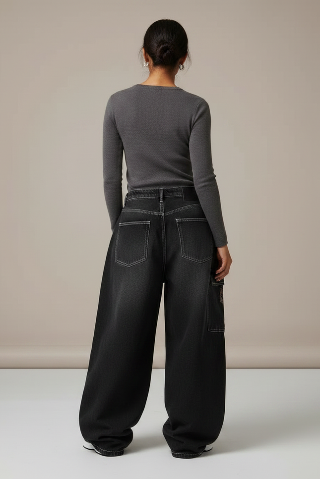 Pantalon Parachute Noir Délavé Ample Cargo Imprimé Femme - Jean - vue 2