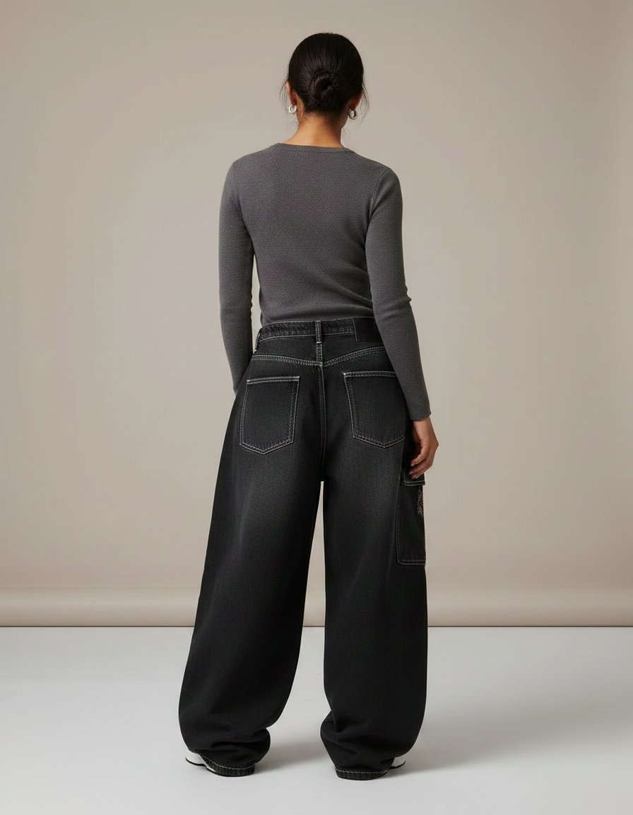 Pantalon Parachute Noir Délavé Ample Cargo Imprimé Femme - Jean - vue 2