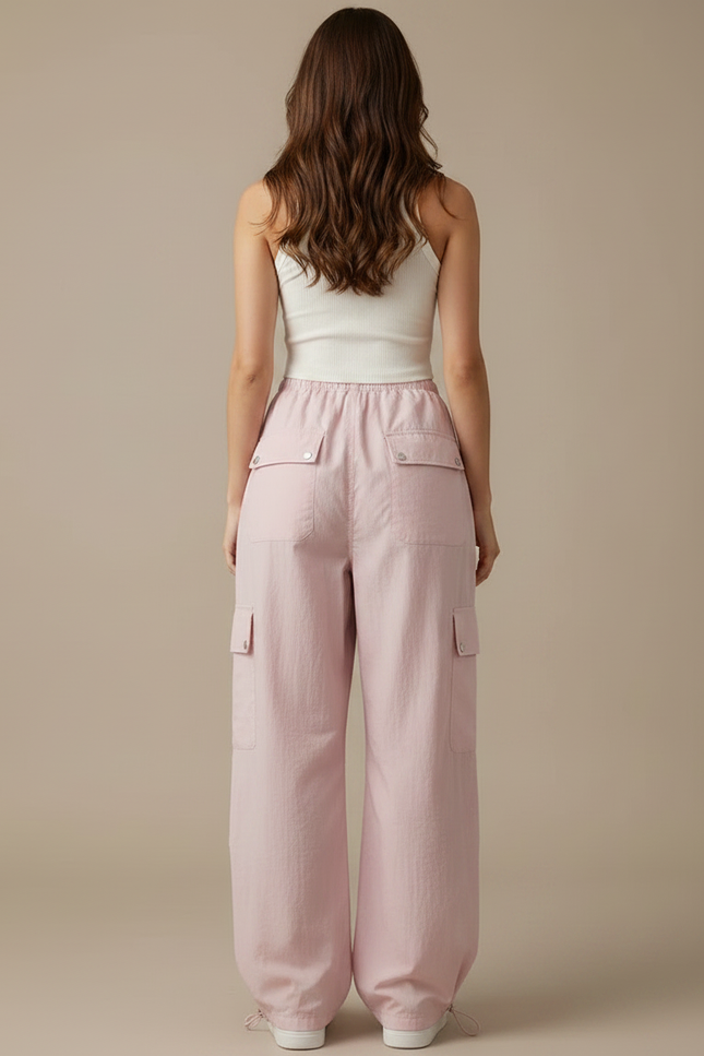 Pantalon Parachute Rose Cargo Ample Femme Multipoches - Polyester - vue 2
